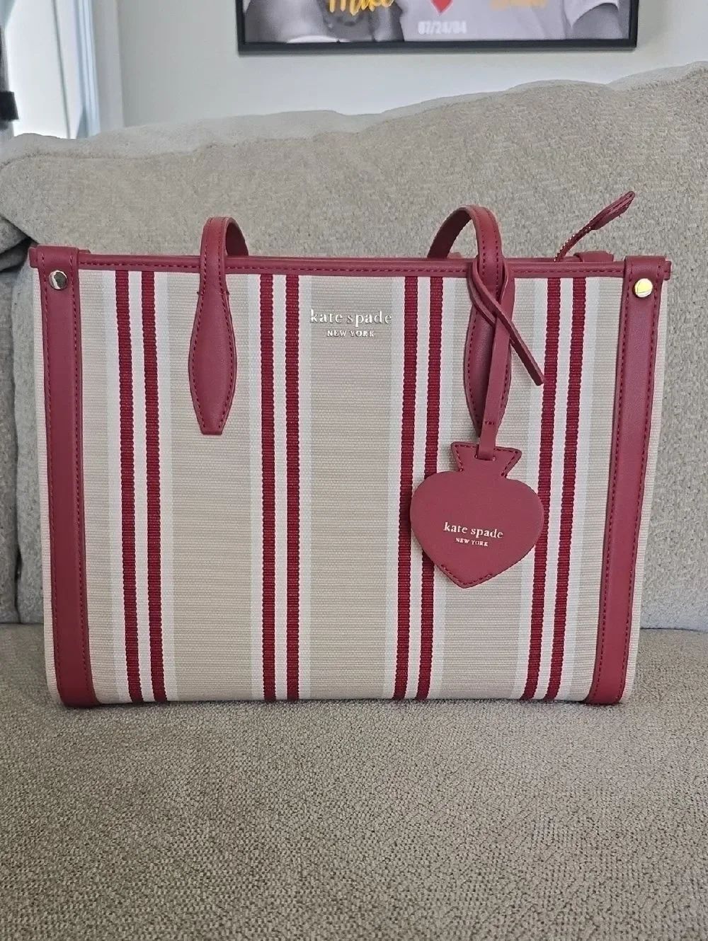 Kate Spade Market Sam Red Cream Striped Shoulder Handbag